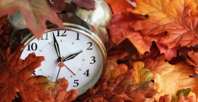 Clock in autumnal leaves