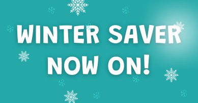 Winter saver now on in white text on blue background