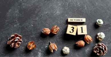 Picture of the date the 31st October with leaves and pinecones surrounding it