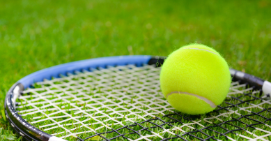 Tennis racket and ball on the grass at wimbledon