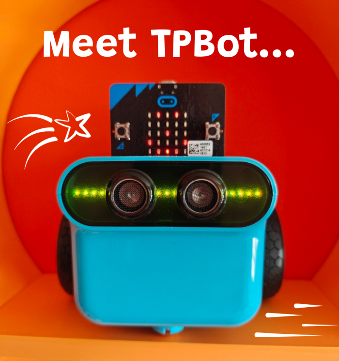 Meet TPBot a blue robot with wheels