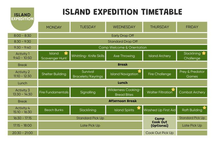 Island expedition timetable
