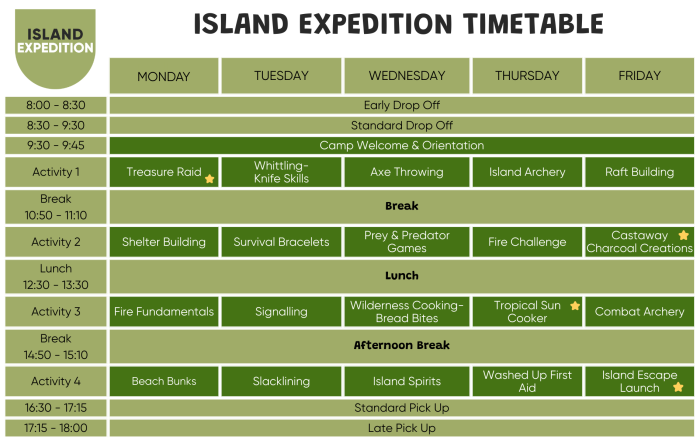 Island Expedition timetable