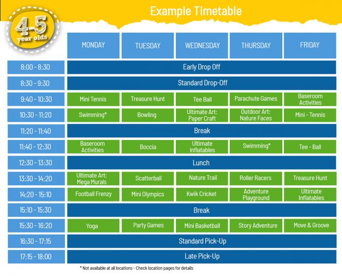 4-5 Timetable for School Holiday Day Camps