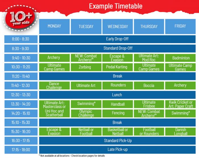 10 + Timetable for School Holiday Day Camps