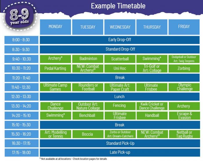 8 - 9 Timetable for School Holiday Day Camps