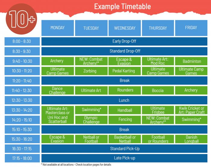 10+ activity timetable